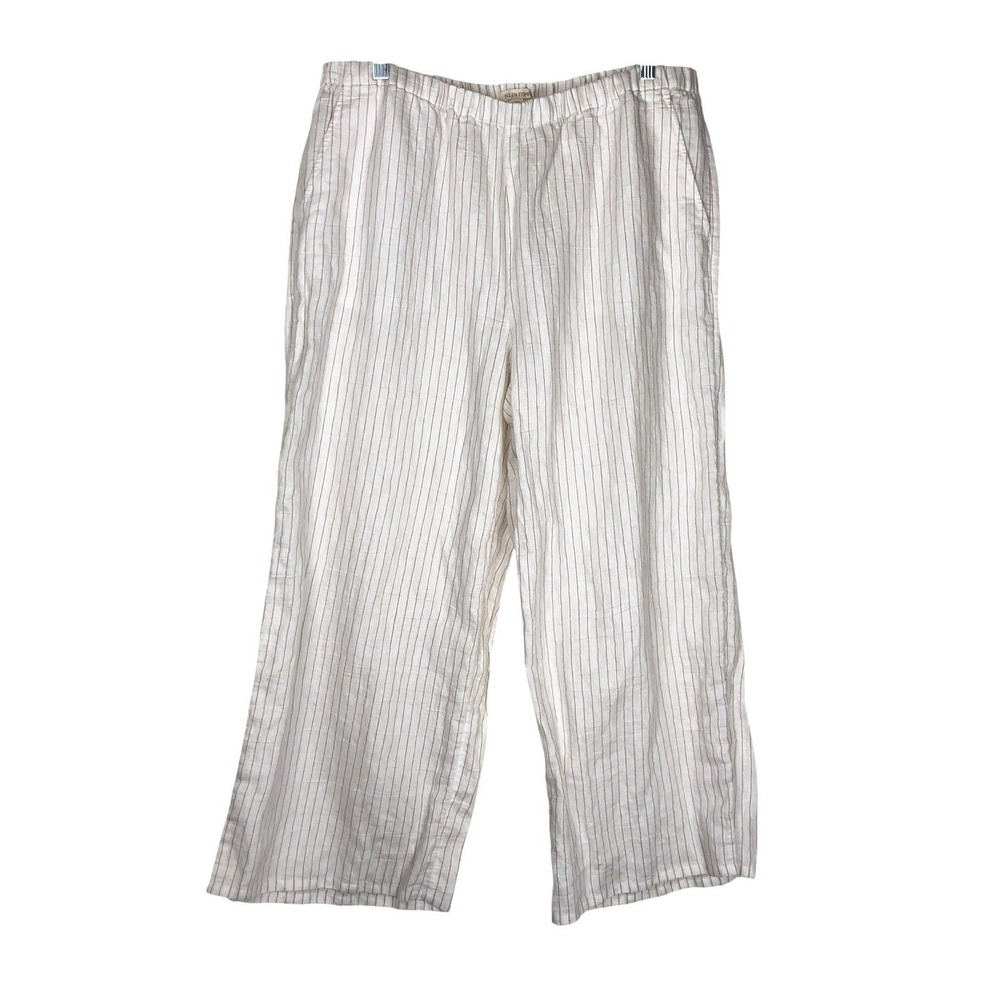 Eileen Fisher Organic Linen Crinkled Wide-Leg Pant Size L Stripe Pull On Beachy